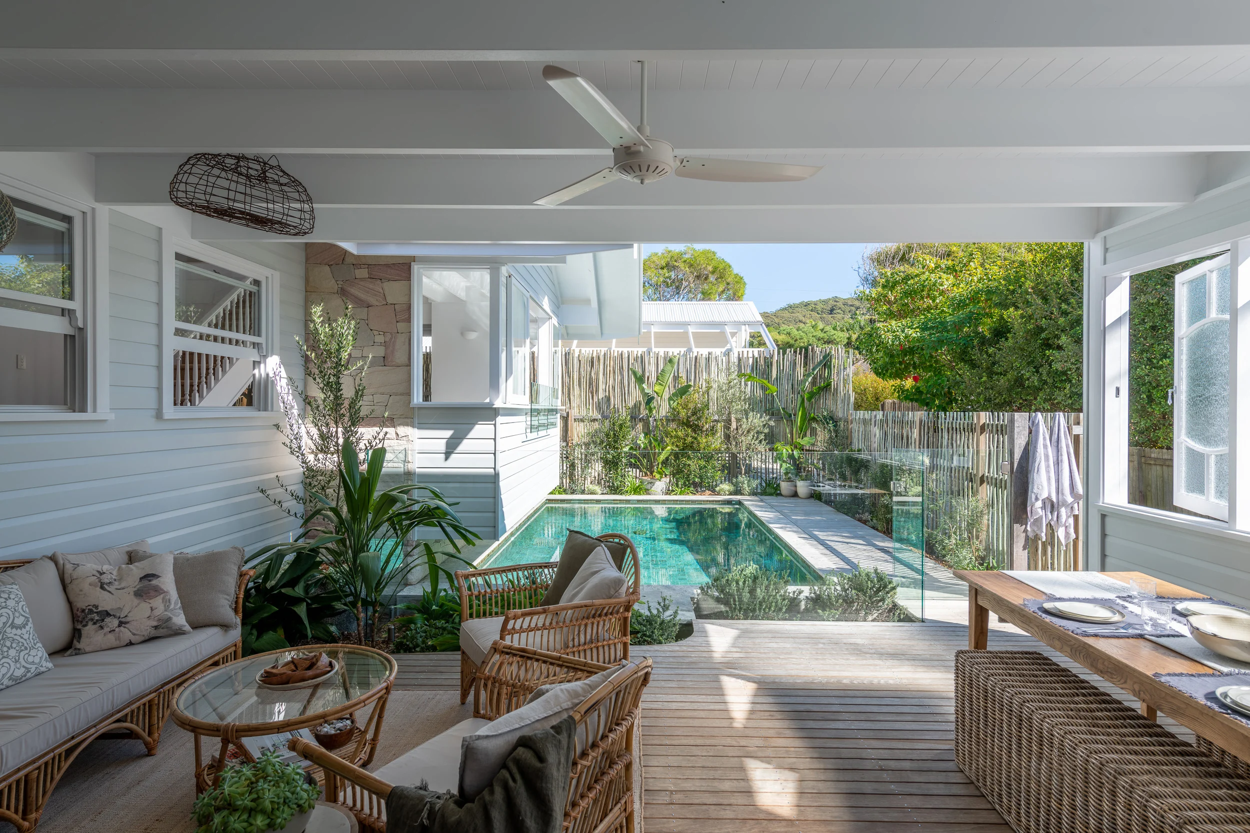 Deck and pool of a property in Avalon Beach, Sydney designed by Ballina architects Markham Lee.