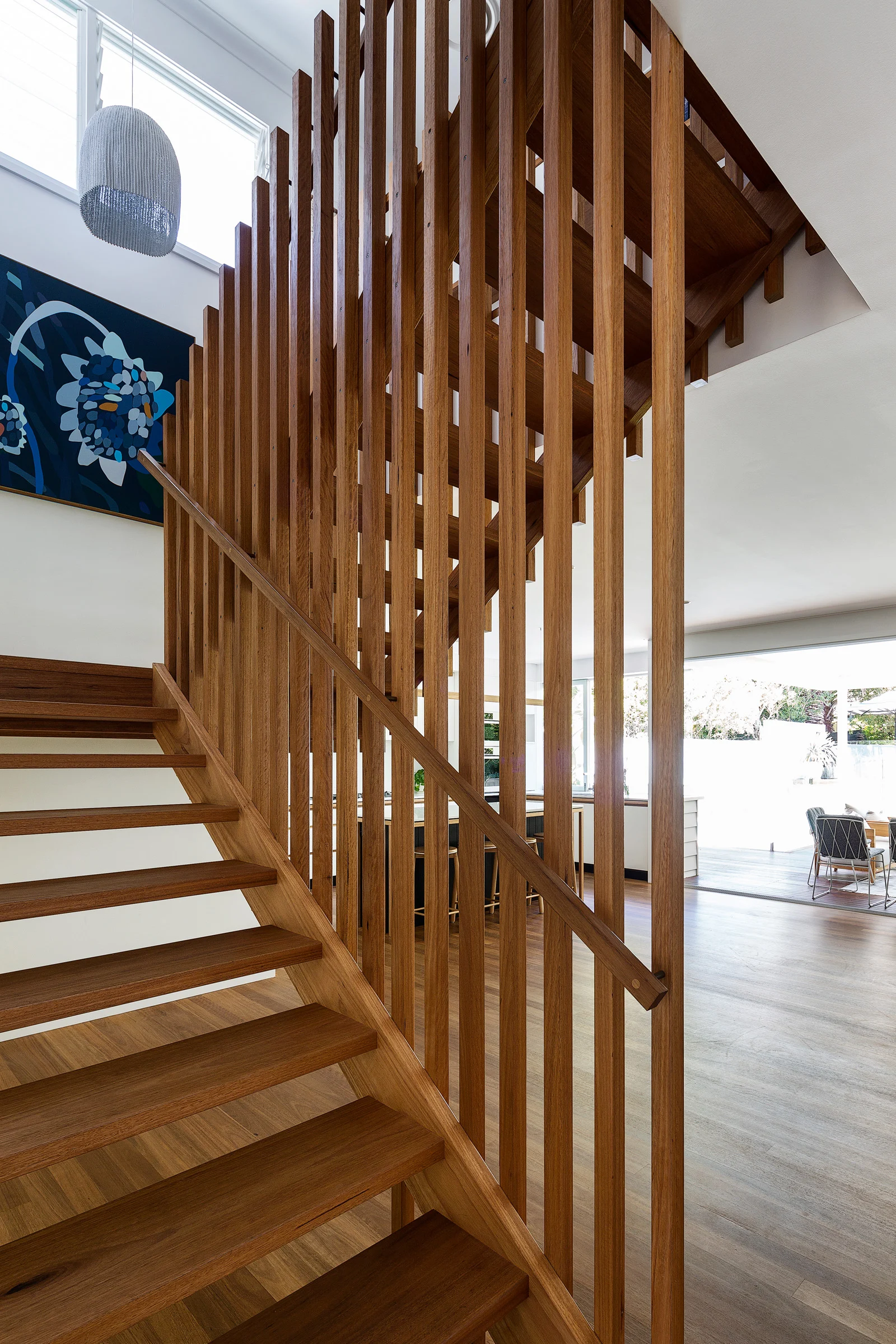 Interior staircase of a property in Avalon Beach, Sydney designed by Byron Bay architects Markham Lee.