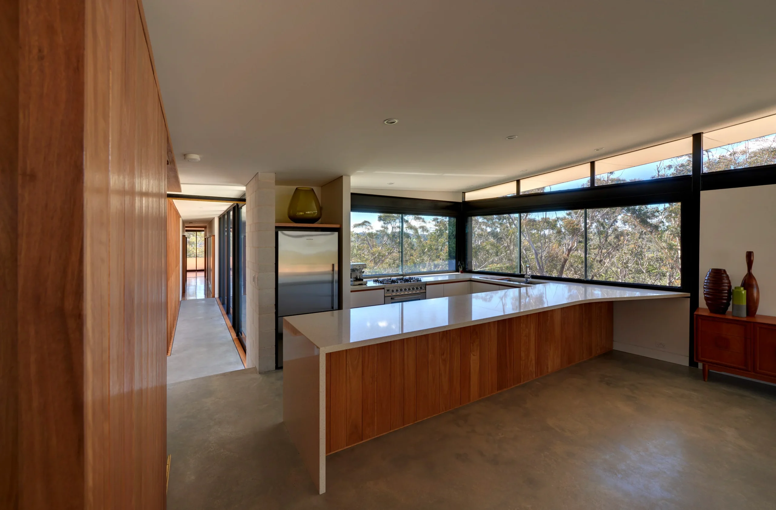 Kitchen of a bushfire-proof property in Leura, Blue Mountains designed by Northern Beaches architects Markham Lee.