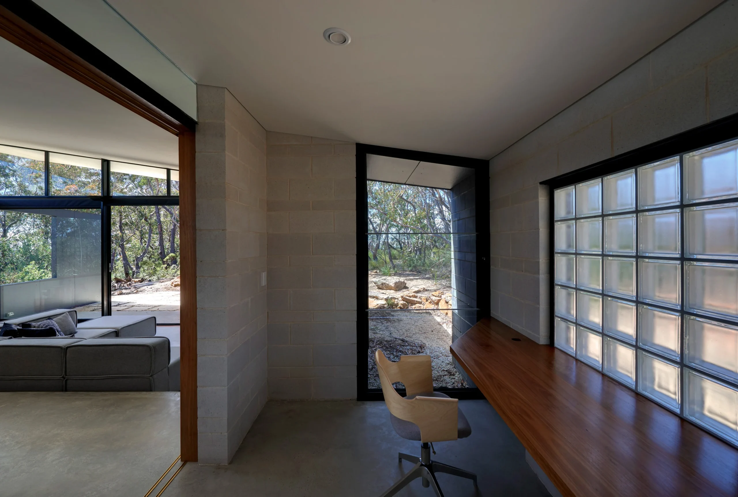 Office of a bushfire-proof property in Leura, Blue Mountains designed by Northern Beaches architects Markham Lee.